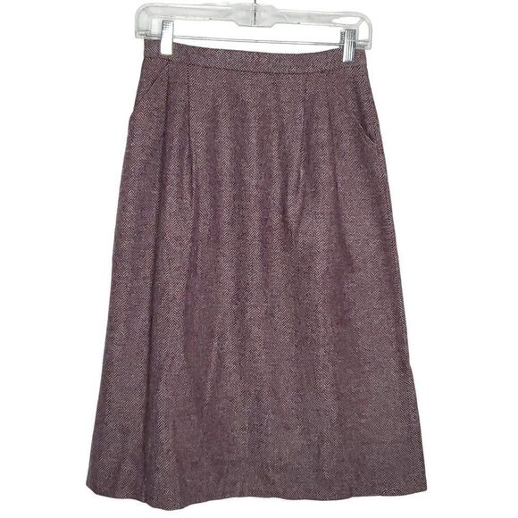 Vtg Wool Herringbone Midi Straight Skirt 8 READ Pleated Waist Wine Purple - Picture 1 of 4